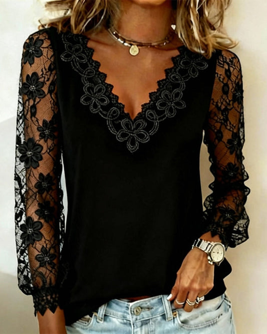 Blusa Mujer Elegante Con Encaje Y Escote En V – Top Casual De Manga Larga