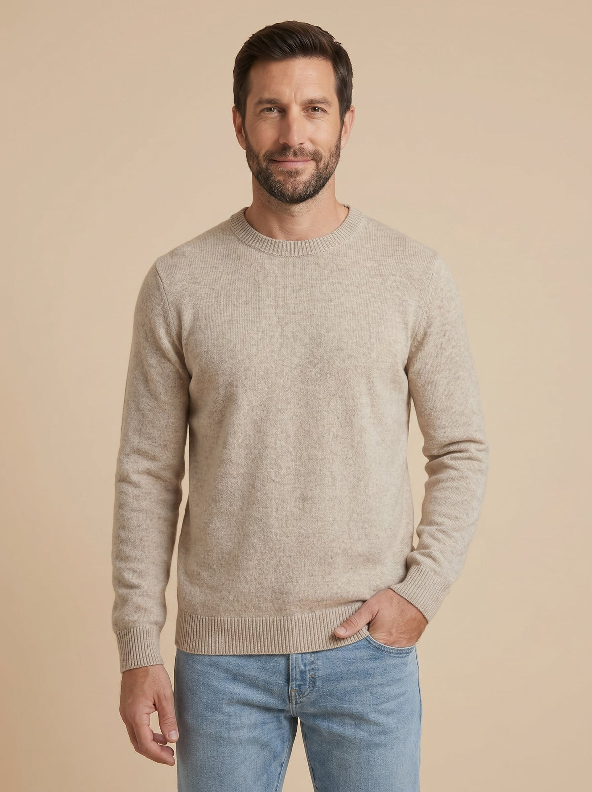 Andrea jersey fino de cuello redondo beige, de frente