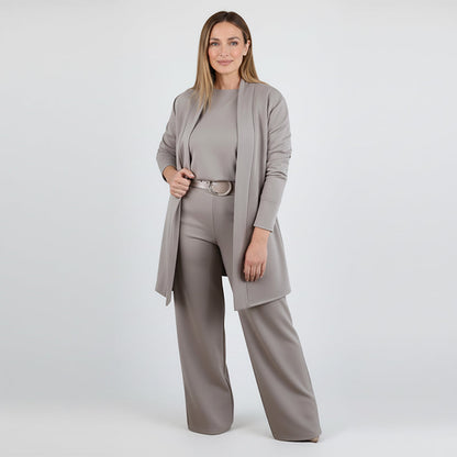 Conjunto tres piezas mujer con cárdigan largo elegante