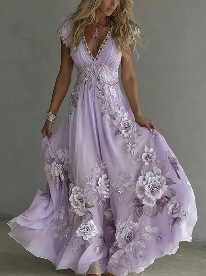 Vestido largo de mujer en chiffon con encaje bordado