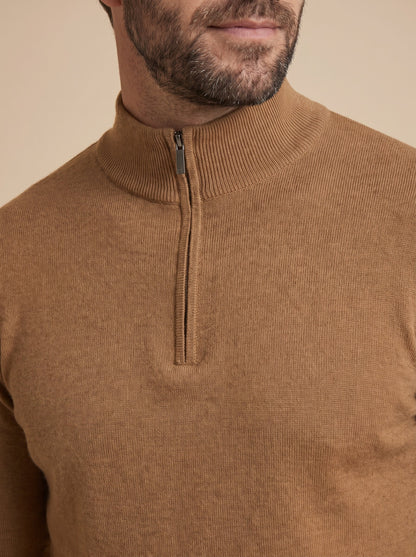 Detalle de la media cremallera y del cuello del jersey camel