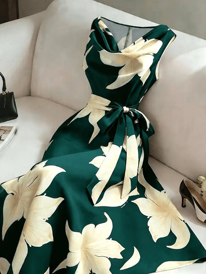 Vestido midi floral para mujer sin mangas con cintura atada