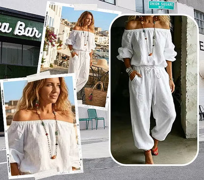Conjunto mujer hombros descubiertos con pantalón fluido