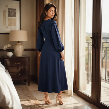 Vestido maxi mujer con escote en V y mangas abullonadas