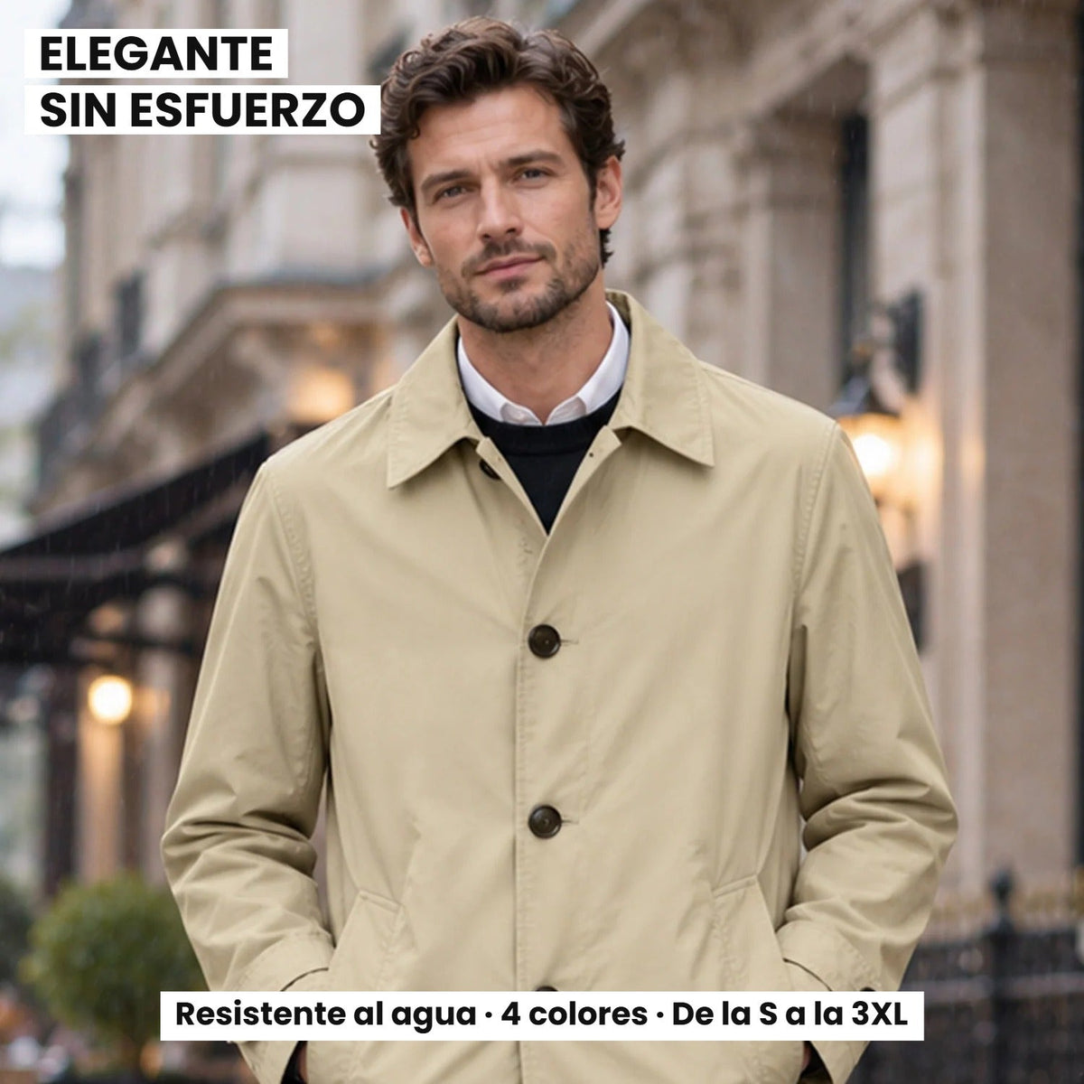 Enzo gabardina corta de hombre color caqui, elegante sin esfuerzo, resistente al agua