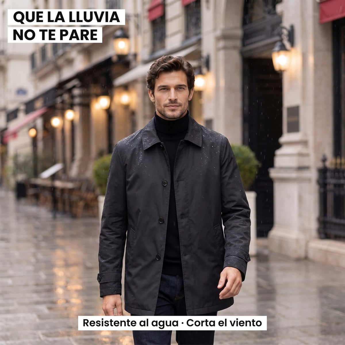 Enzo gabardina negra en la calle mojada: que la lluvia no te pare, resistente al agua y corta el viento