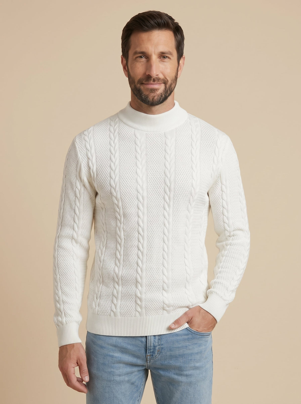 Fabio jersey de ochos de cuello alto blanco roto, de frente