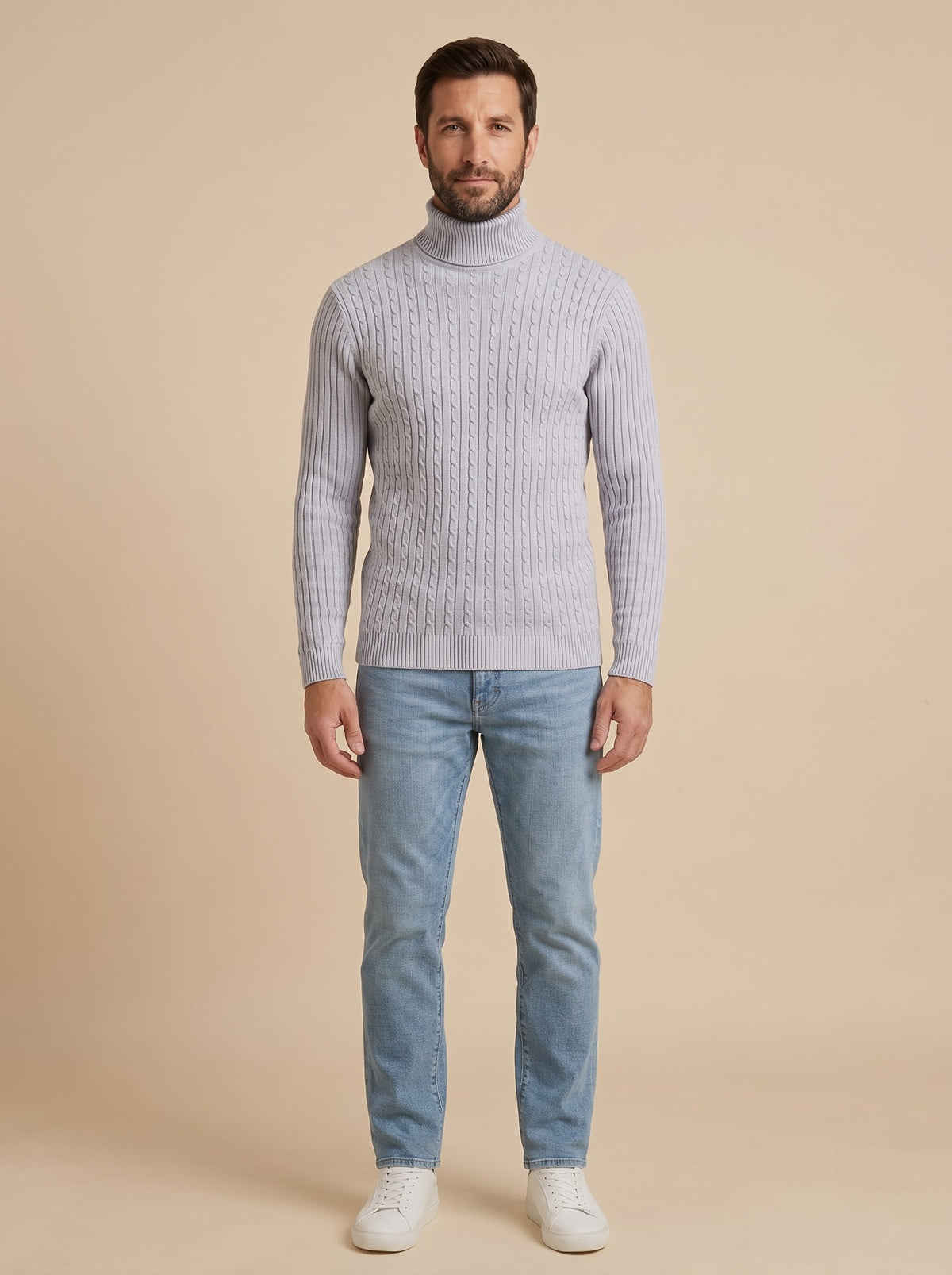 Franco jersey trenzado de cuello alto gris, cuerpo entero