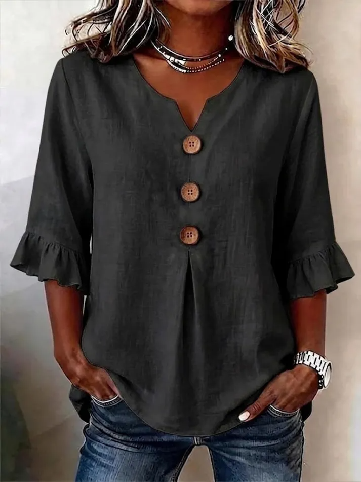 Camisa Mujer Cuello V Botones – Estilo Fluido y Cómodo