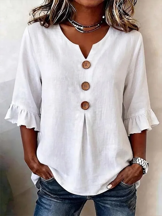 Camisa Mujer Cuello V Botones – Estilo Fluido y Cómodo