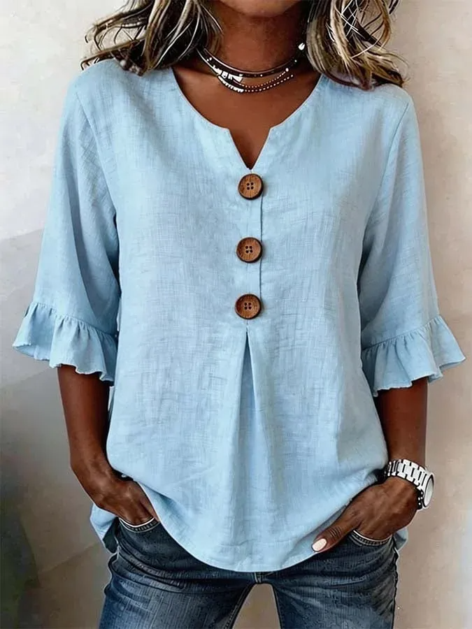 Camisa Mujer Cuello V Botones – Estilo Fluido y Cómodo