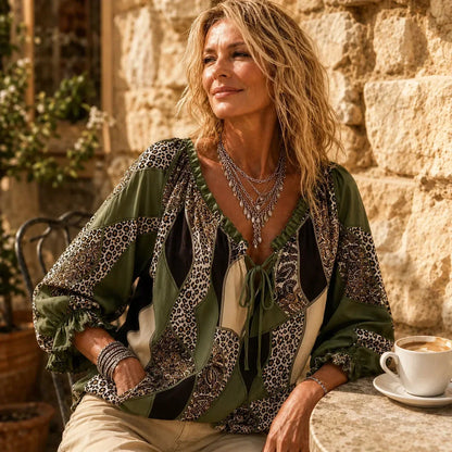 Blusa estampada patchwork para mujer con escote en V y lazos