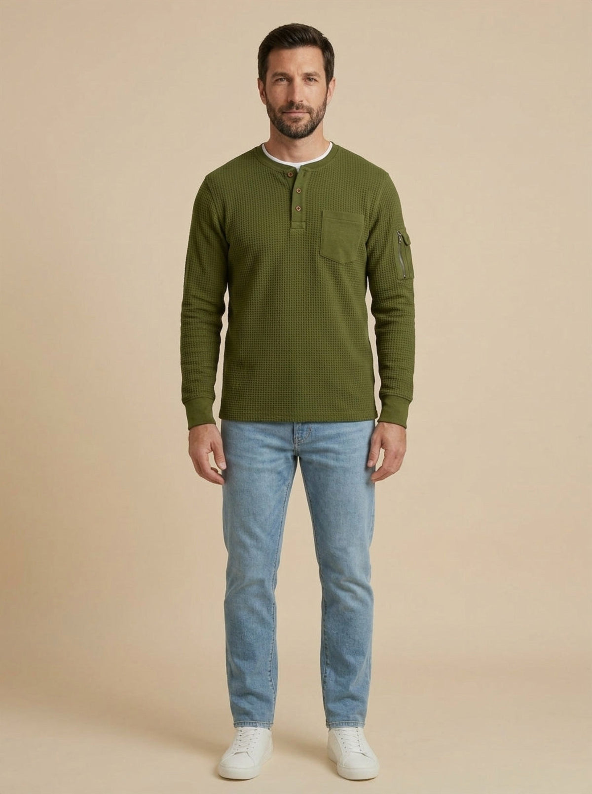 Luca jersey henley waffle de hombre verde, de frente