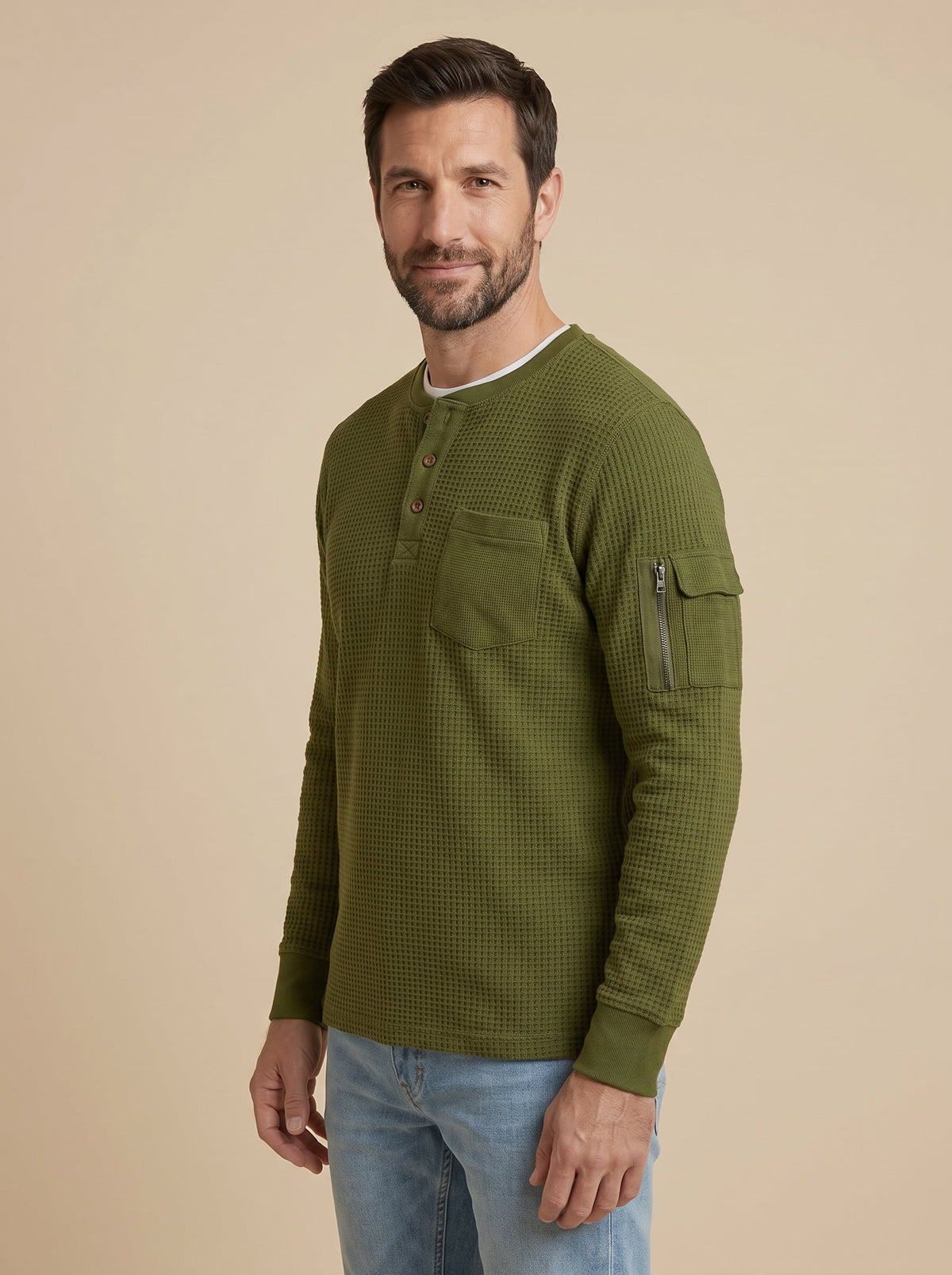 Luca jersey de botones con relieve verde, de lado