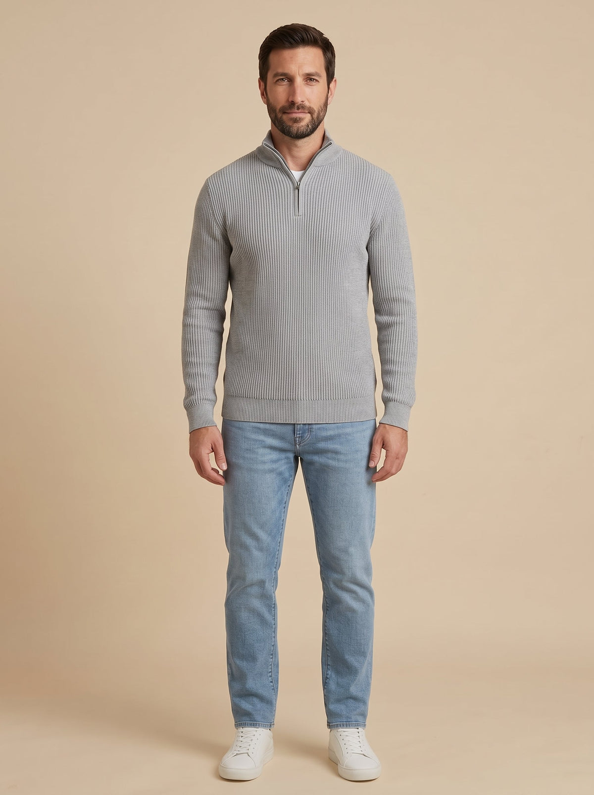 Massimo jersey canalé con media cremallera gris, cuerpo entero