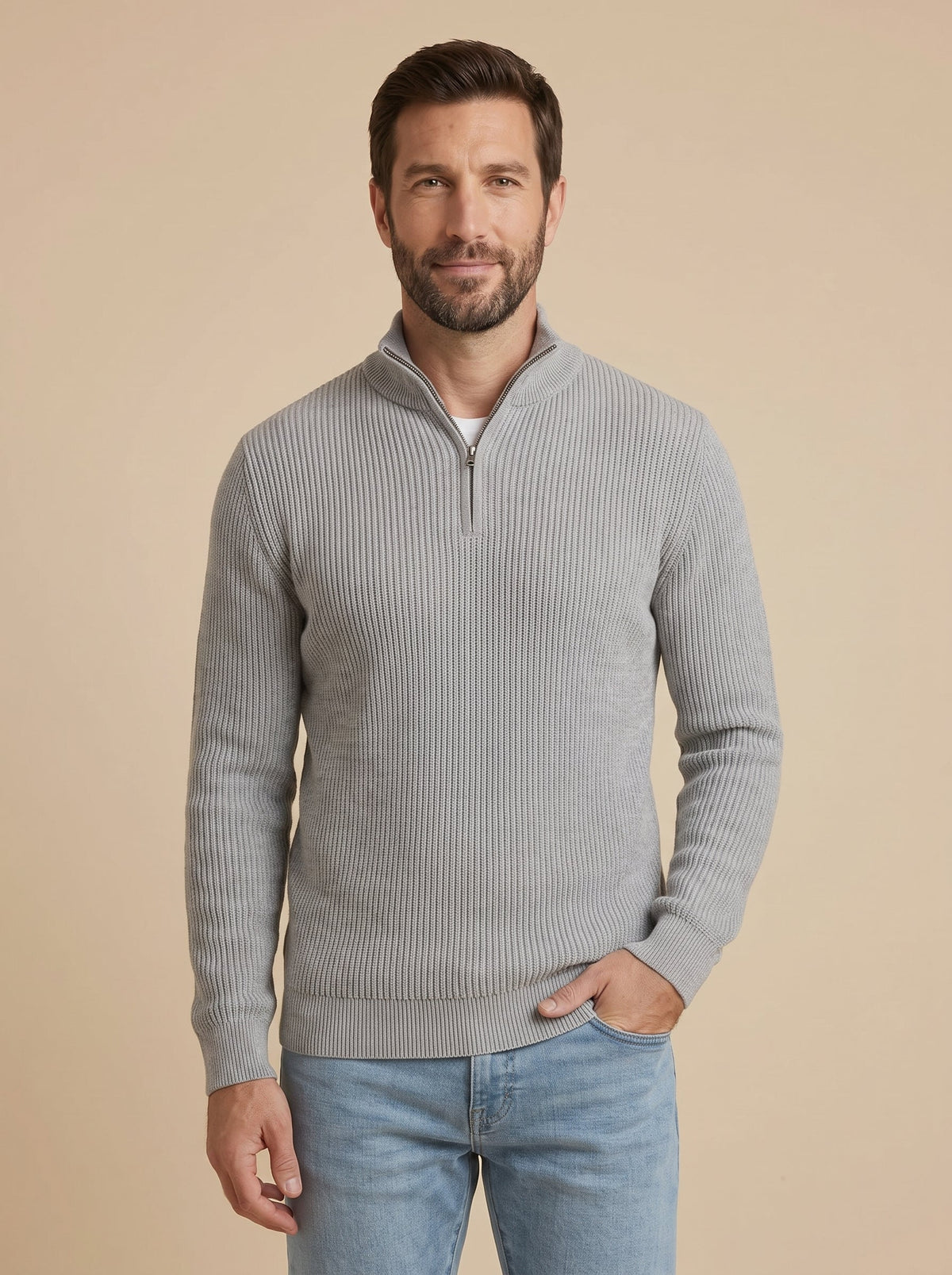 Massimo jersey canalé con media cremallera gris, de frente