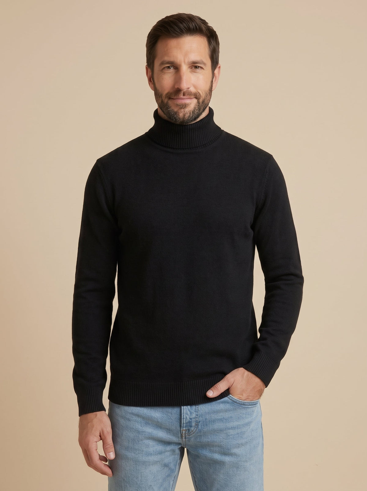 Matteo jersey de cuello alto negro, de frente