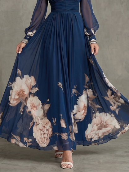 Vestido maxi de mujer con mangas transparentes y estampado floral
