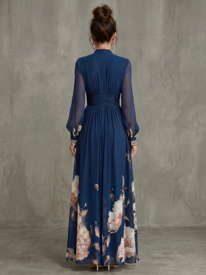 Vestido maxi de mujer con mangas transparentes y estampado floral