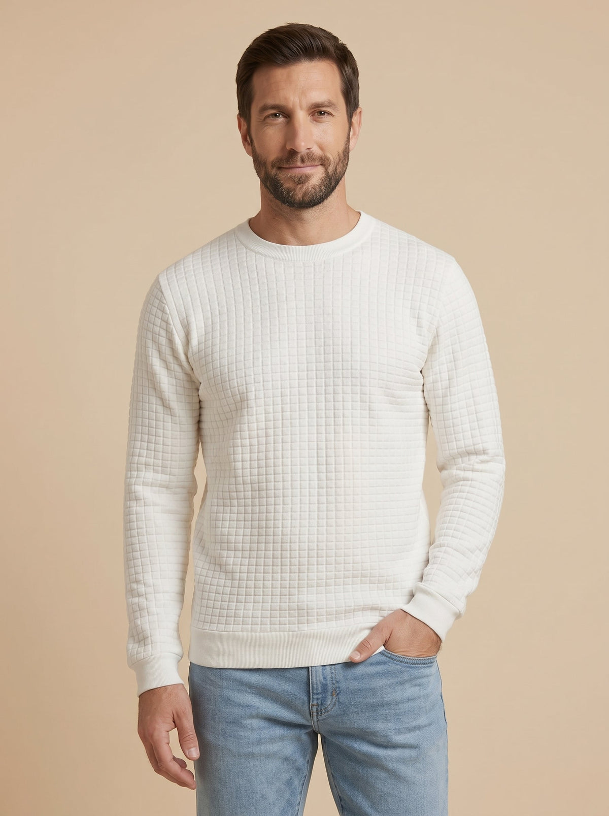 Paolo jersey jacquard de cuello redondo blanco roto, de frente