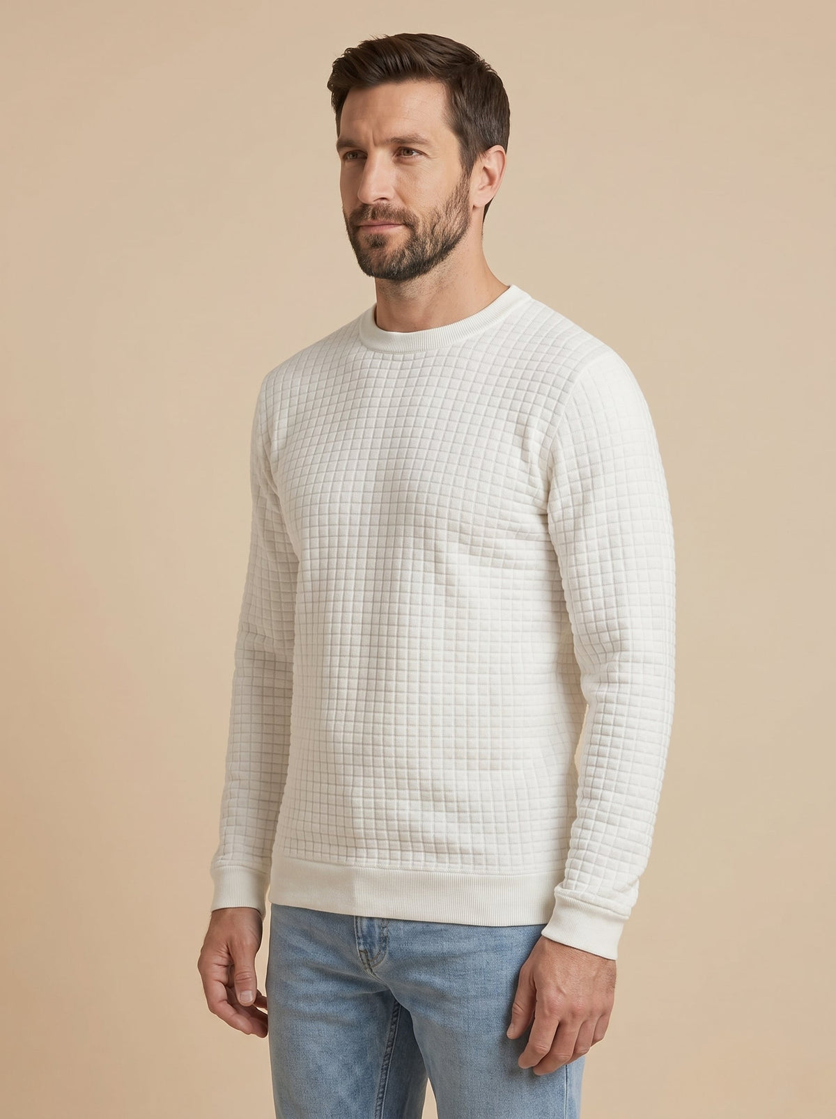 Paolo jersey jacquard de cuello redondo blanco roto, de lado