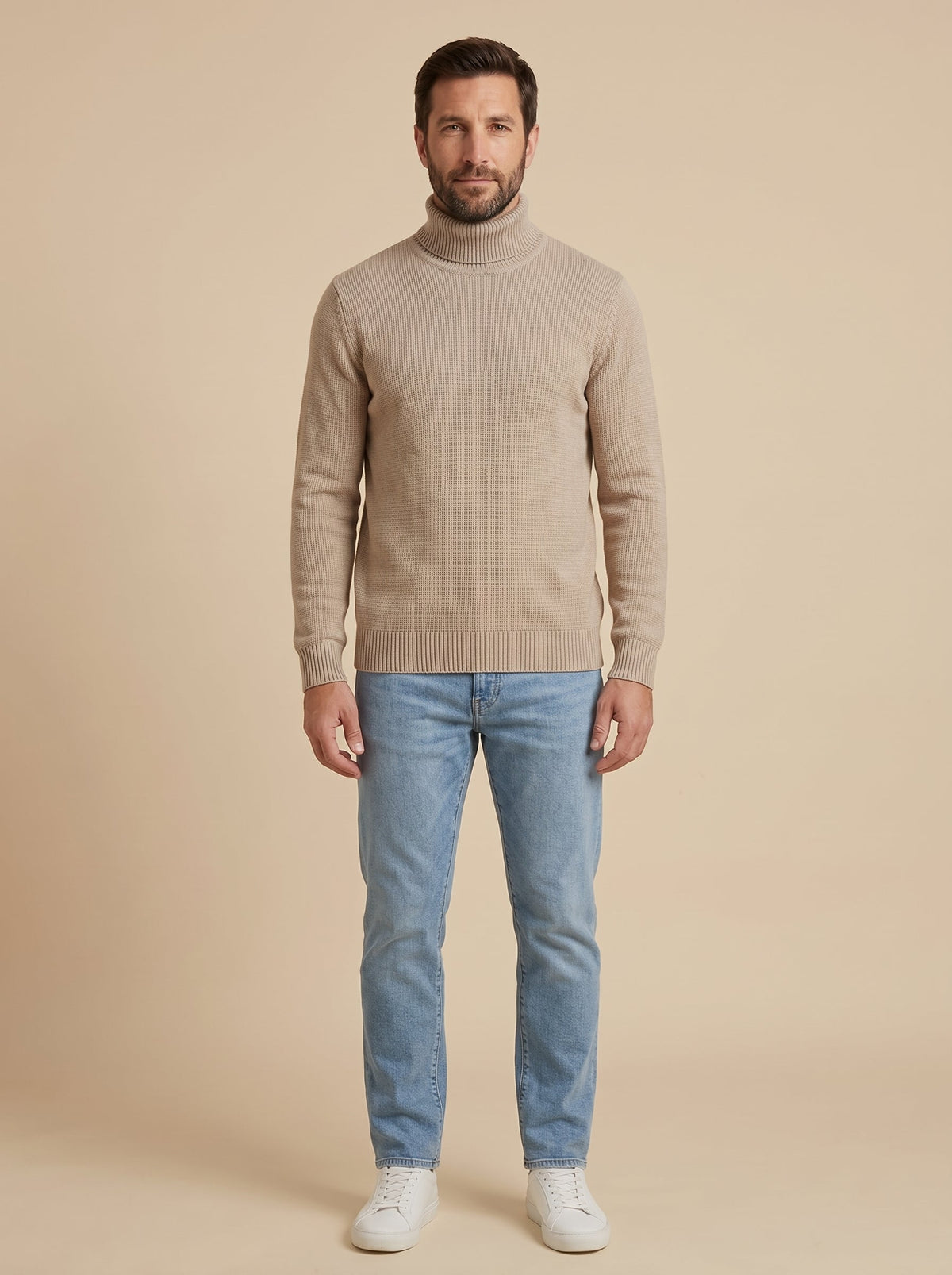 Sergio jersey canalé de cuello alto beige, cuerpo entero
