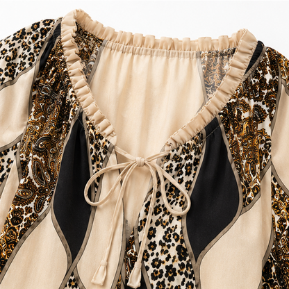 Blusa estampada patchwork para mujer con escote en V y lazos
