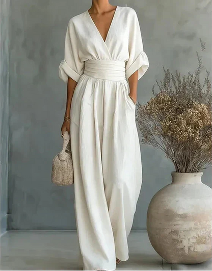 Mono de mujer con escote en V y pantalón ancho