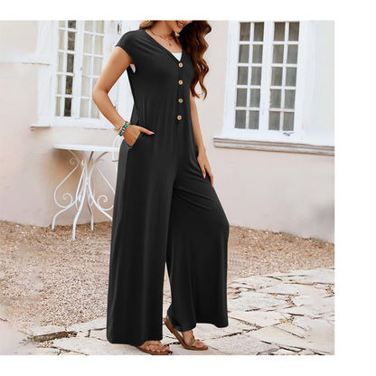 Mono de mujer con cuello en V, botones y pernera ancha