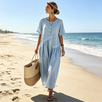 Vestido maxi mujer con botones efecto algodón-lino