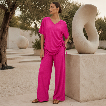 Conjunto mujer dos piezas con top ajustable y pantalón ancho