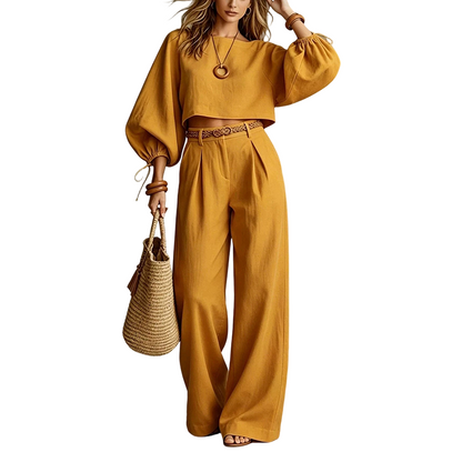 Conjunto de mujer con top corto y pantalón ancho de cintura alta