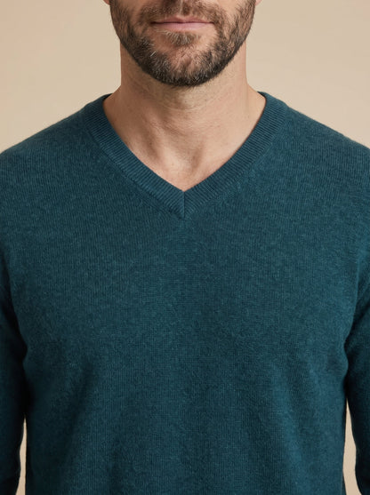 Stefano jersey de cuello de pico verde petróleo, detalle del cuello