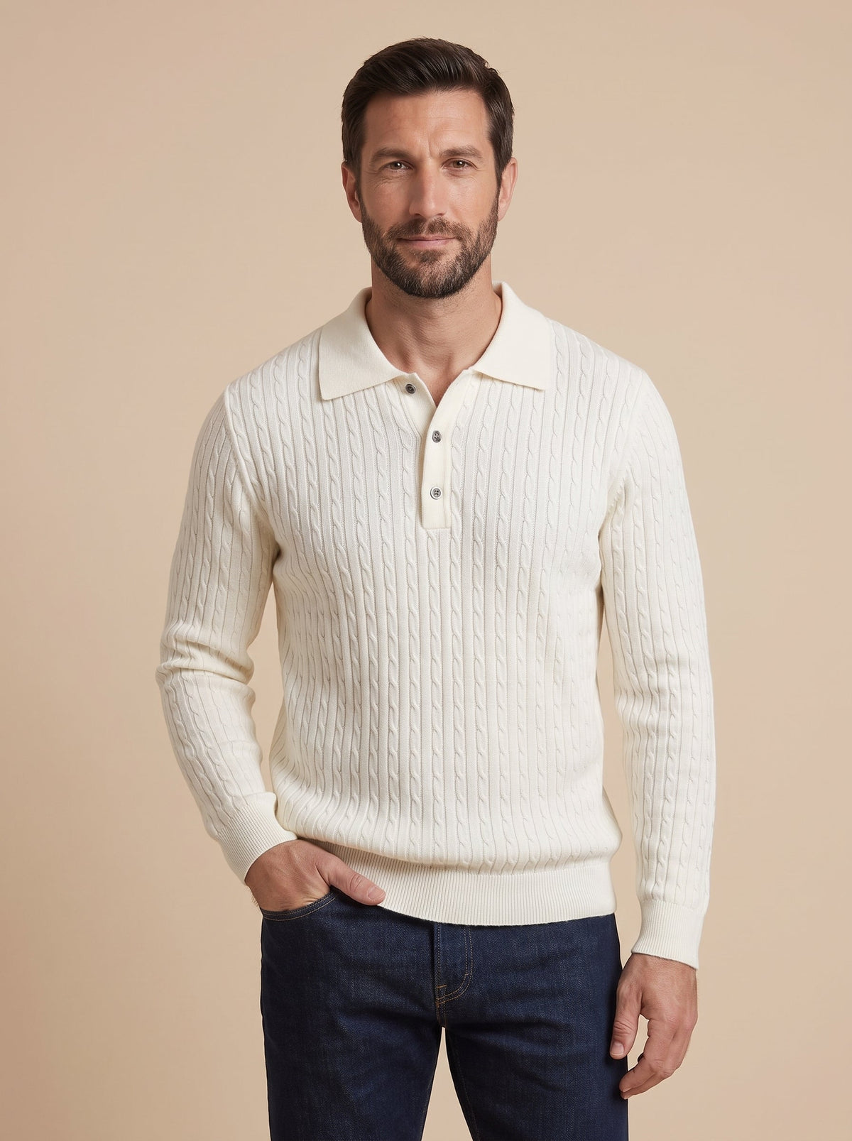 Tommaso polo de punto trenzado blanco, de frente